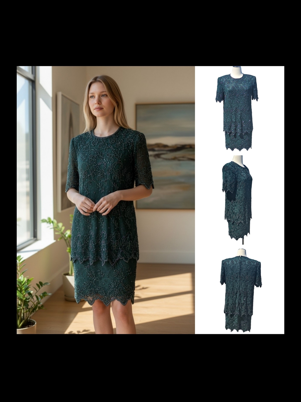 Vintage Brilliante By J.A. 80's Glam Sequin Lace Green Beaded Dress Sz LP